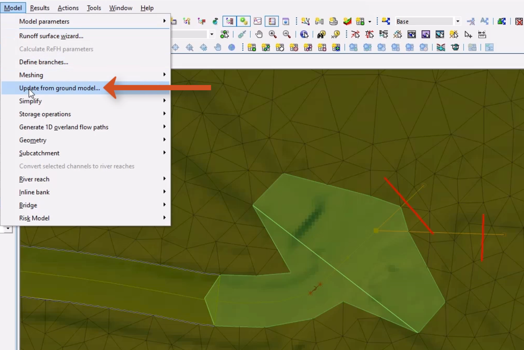 On the GeoPlan, the two bank lines selected and highlighted in red, and in the Model menu, Update from ground model selected and called out.