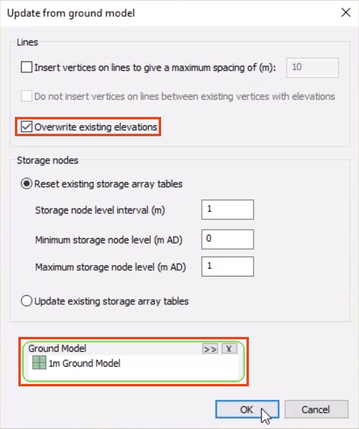 The Update from ground model dialog box, with Overwrite existing elevations enabled, the Ground Model group box automatically populated, and OK selected.