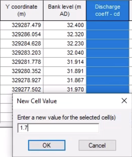 In the New Cell Value popup, a value of 1.7 entered, and in the background, the Discharge coeff – cd column selected and highlighted.