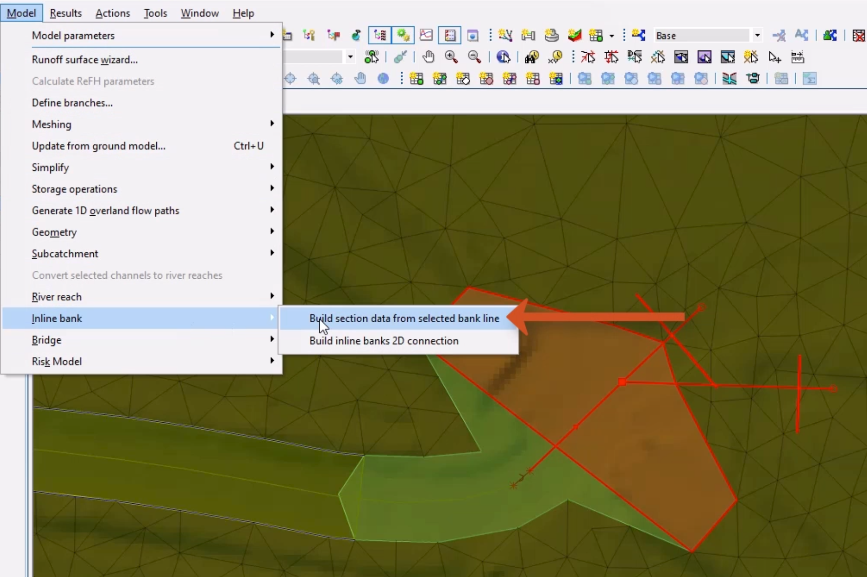 The expanded Model menu with Inline bank selected, and in the flyout, the Build section data from selected bank line option called out and selected; and on the GeoPlan, both inline banks and bank lines selected and highlighted in red.