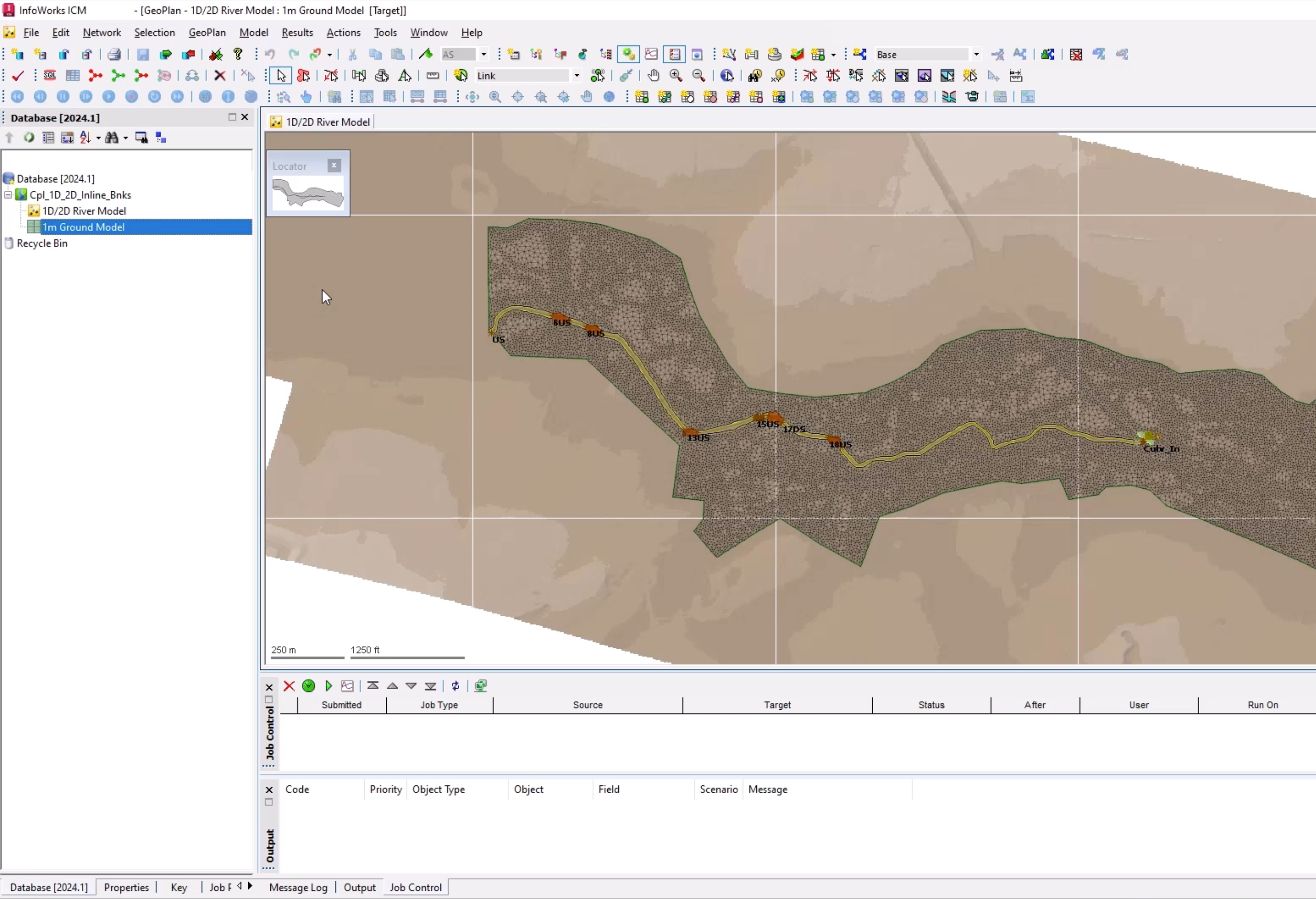 The InfoWorks ICM interface, with the river model and ground model for this example loaded onto the GeoPlan.