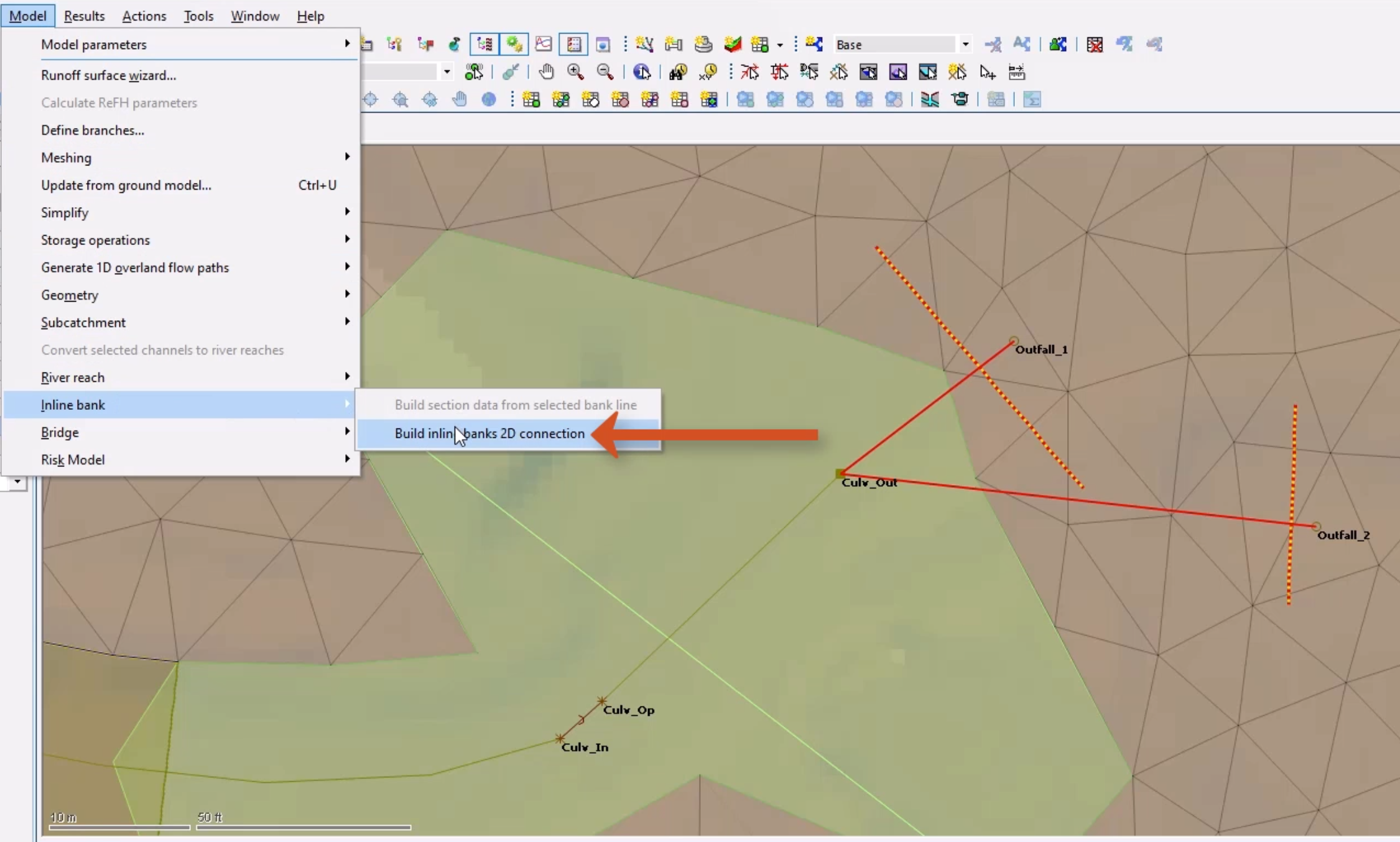 The expanded Model menu with Inline bank selected, and in the flyout, the Build inline banks 2D connection option called out and selected; and on the GeoPlan, both inline banks selected and highlighted in red.