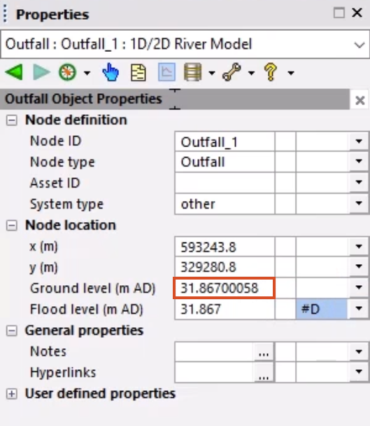 The Properties windows for the associated outfall node, with the Crest value from the inline bank pasted into the Ground level field, highlighted in red.