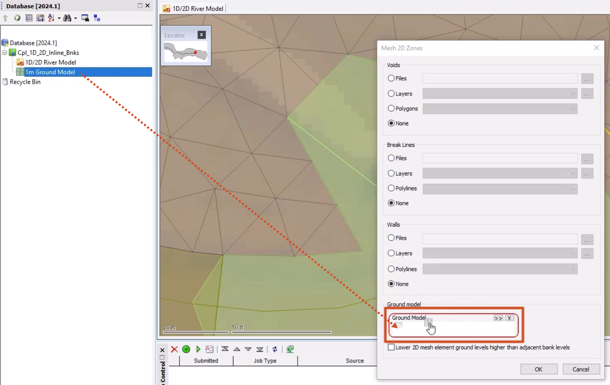 In the ICM interface, a red arrow shows the path of the 1m Ground Model from the Database to the Mesh 2D Zones dialog box, where it is being dropped into the Ground model group box.