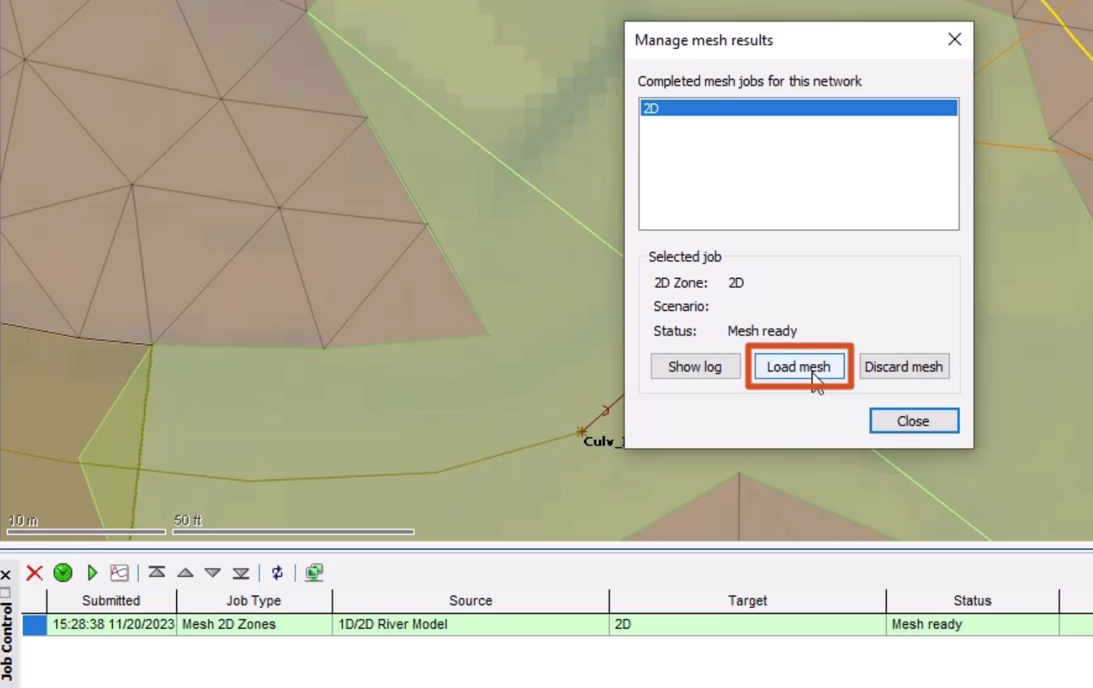 In the Job Control window, the mesh job shows a Mesh ready status, and in the Manage mesh results dialog box, Load mesh is selected.