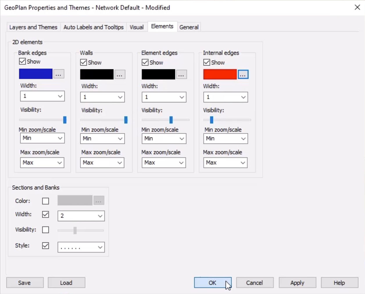 The GeoPlan Properties and Themes dialog box, Elements tab, with Internal edges set to red, and OK selected.