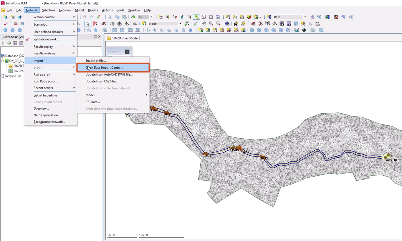 The InfoWorks ICM interface, with the river model for this example loaded onto the GeoPlan, Import selected in the Network menu, and Open Data Import Center selected in the flyout.