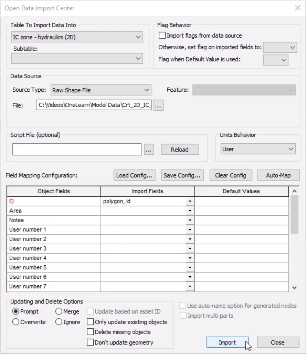 The Open Data Import Center, with settings configured to import the IC zone for this example, and Import selected.