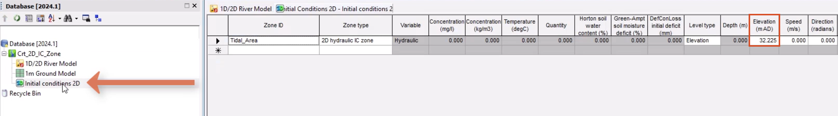 In the Database, the Initial conditions 2D object is selected and called out, and in the Initial Conditions 2D grid window, the elevation value of 32.255 mAD is highlighted in red.