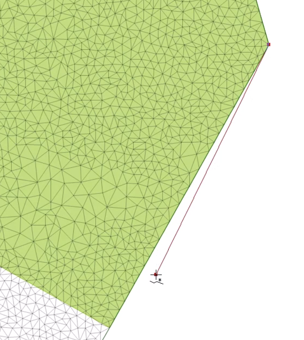 A zoomed-in GeoPlan view of the downstream extent of the IC zone, where a line is being drawn collinear with the IC zone boundary.