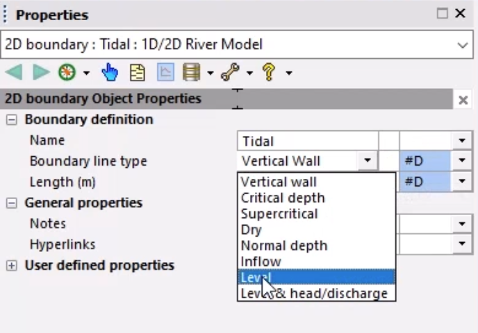 In the Properties windows for the 2D boundary, the Boundary line type drop-down is expanded and Level is selected.