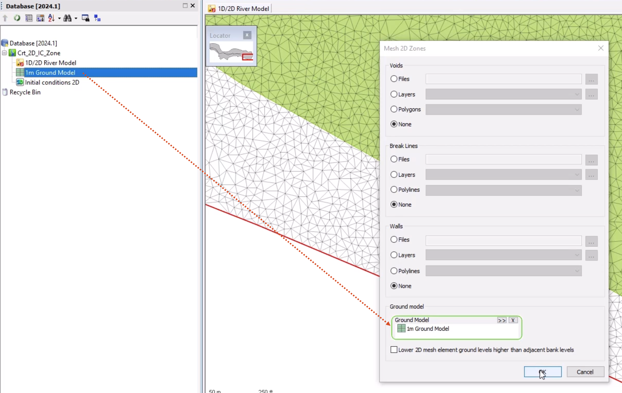 In the ICM interface, a red arrow shows the path of the 1m Ground Model from the Database to the Mesh 2D Zones dialog box, where it now appears in the Ground model group box, and OK is selected.