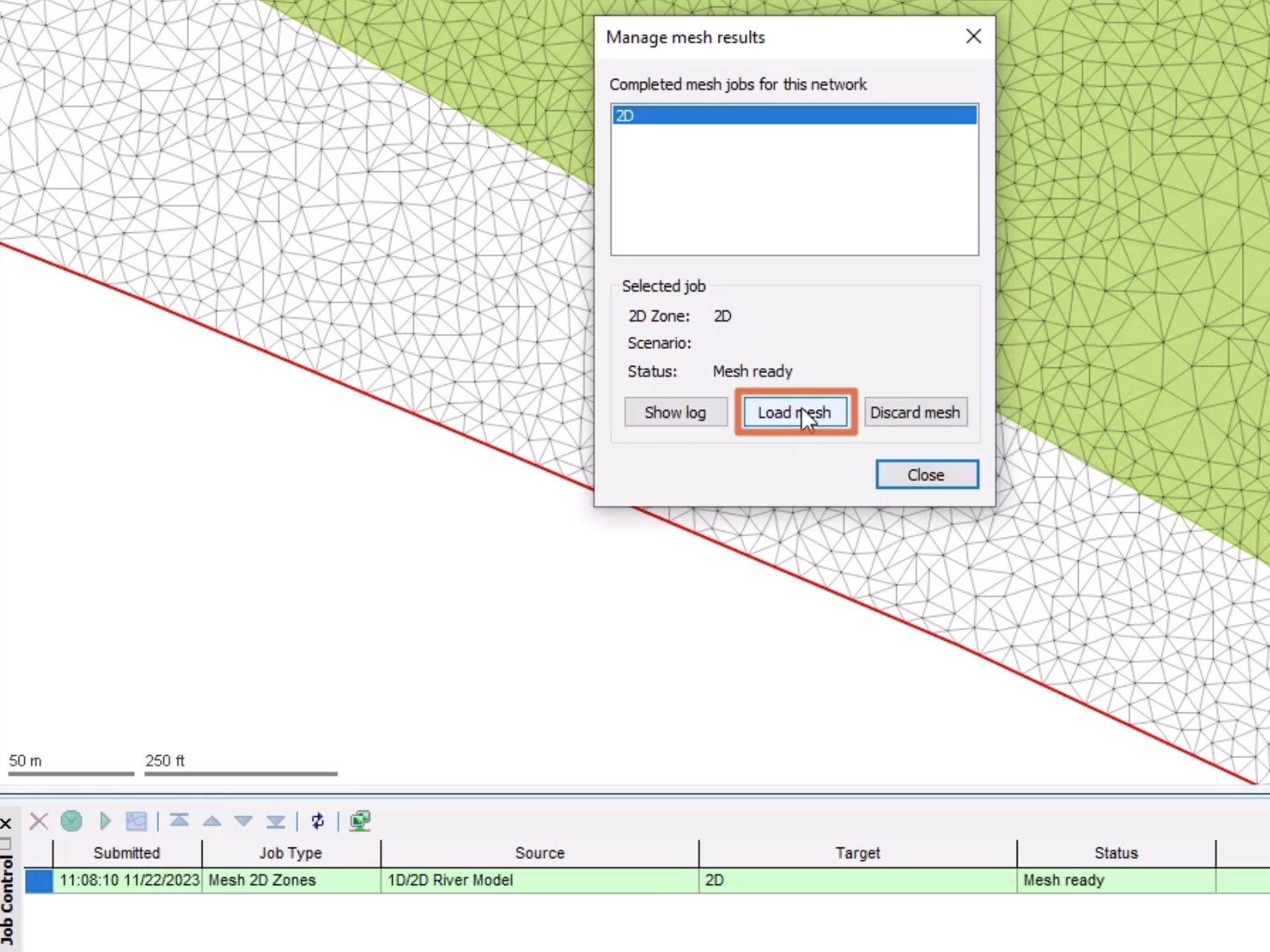 In the Job Control window, the mesh job shows a Mesh ready status, and in the Manage mesh results dialog box, Load mesh is selected.