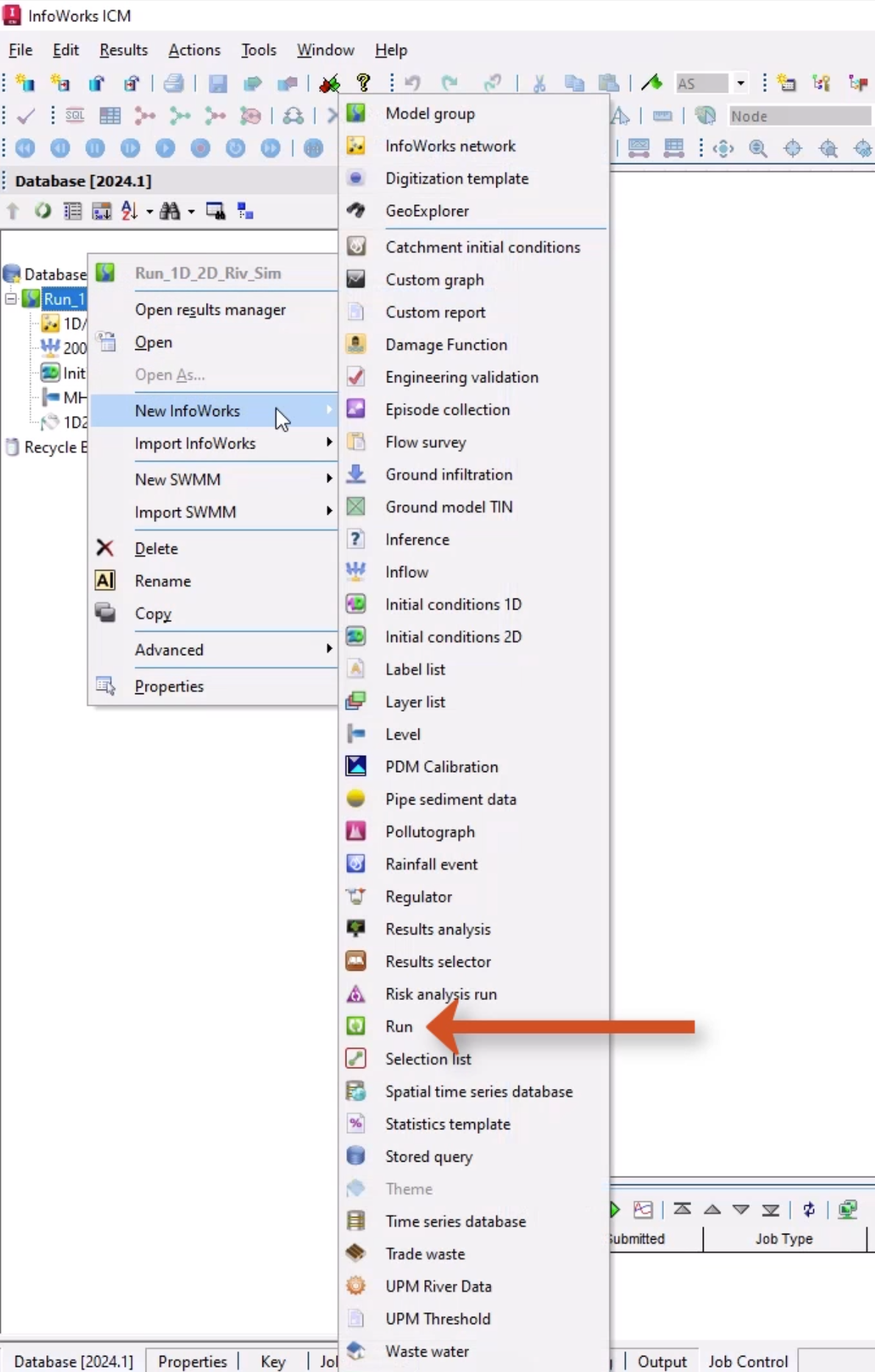 In the InfoWorks ICM interface, the Model Group shortcut menu with New InfoWorks selected, and in the flyout, Run called out with a red arrow.