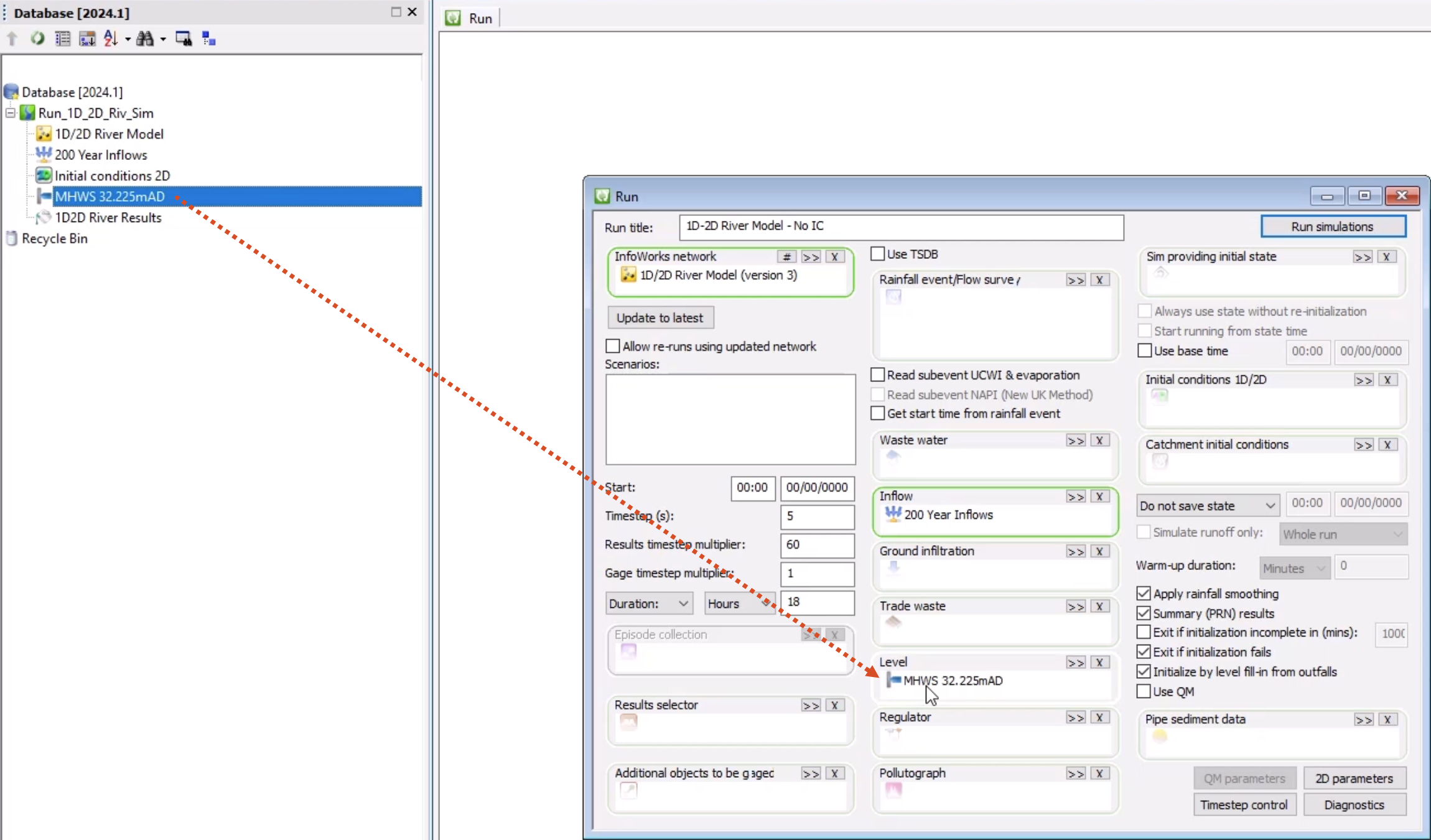 In the Run dialog box, settings are configured for the simulation without the initial conditions object, and a red arrow shows the path of MHWS 32.255mAD from the Database to the Level group box, where it is being dropped.