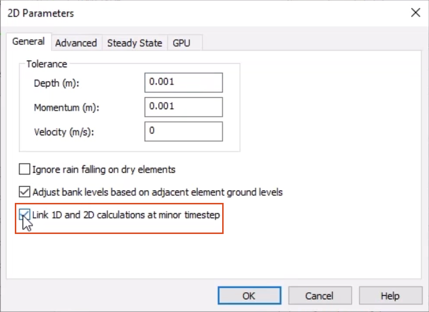 In the 2D Parameters dialog box, on the General tab, the Link 1D and 2D calculations at minor timestep option is enabled and highlighted in red.