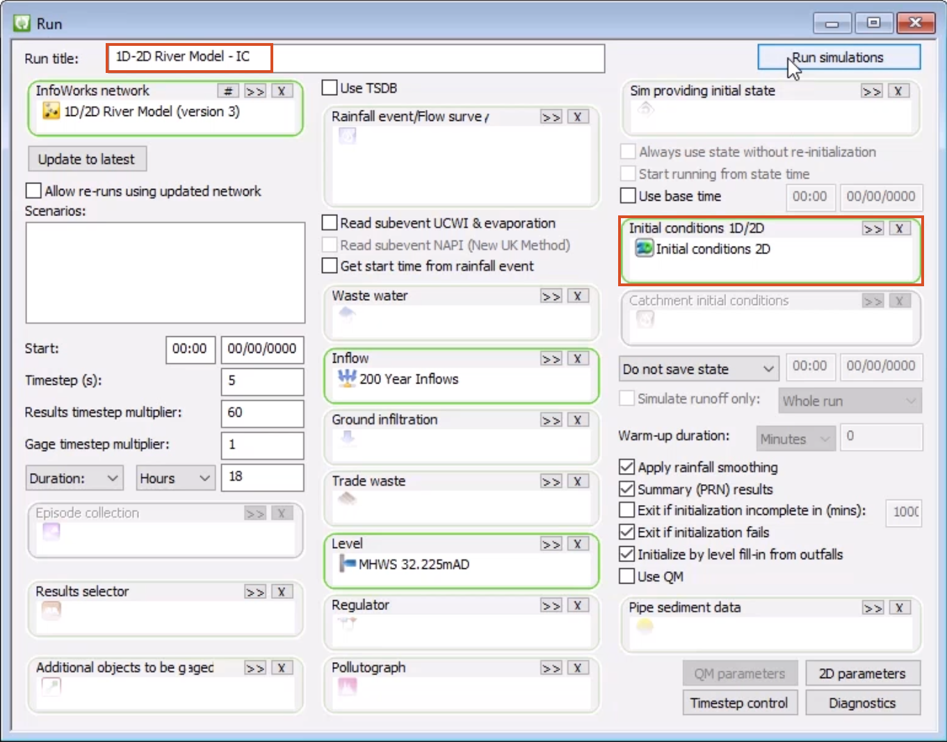 The Run dialog box with settings configured for the second simulation, with the Run title and the added Initial Conditions 2D object highlighted in red, and Run simulations selected.