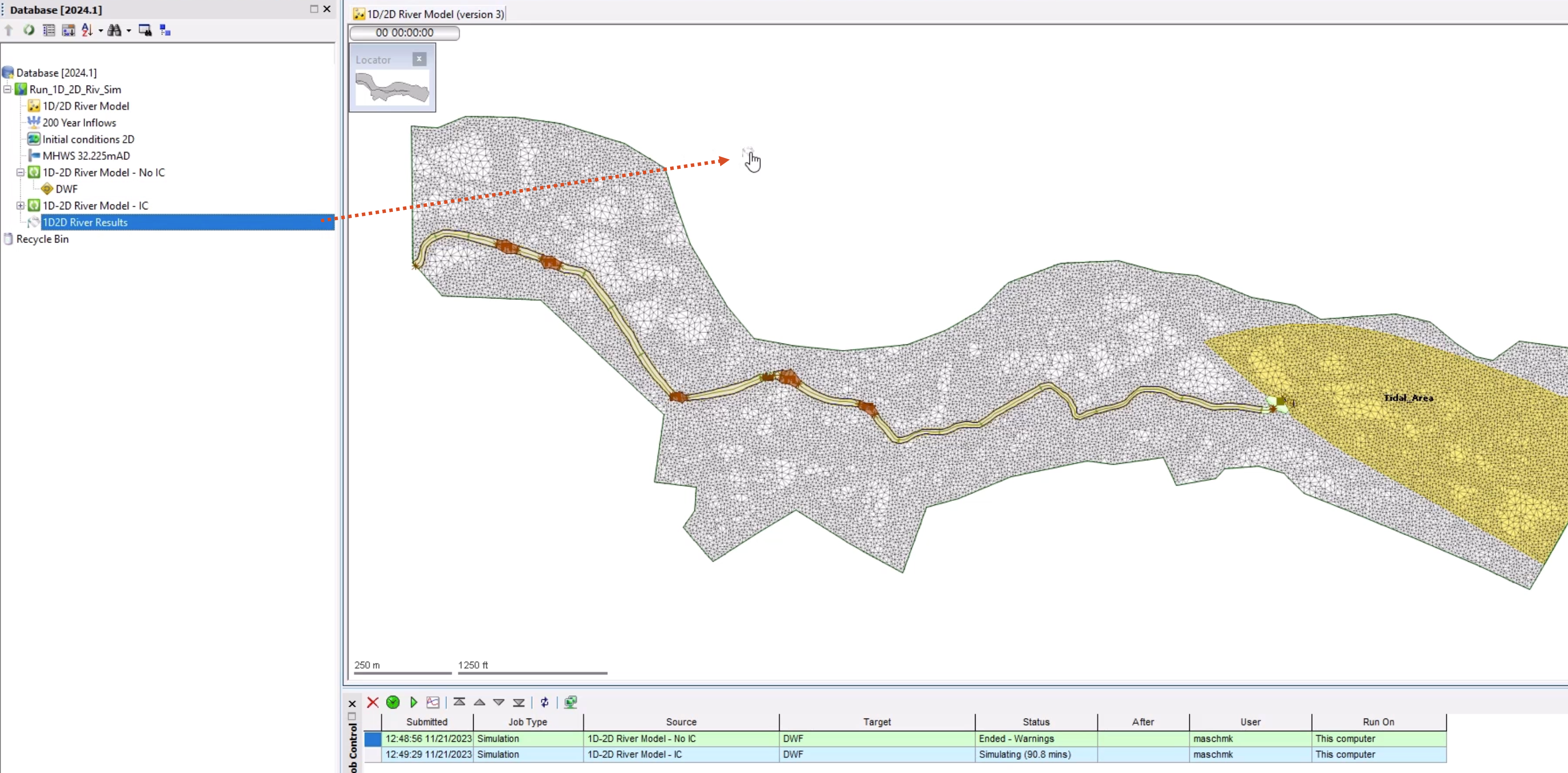 A red arrow shows the path of the 1D2D River Results theme from the Database onto the results of the first simulation, open on the GeoPlan.