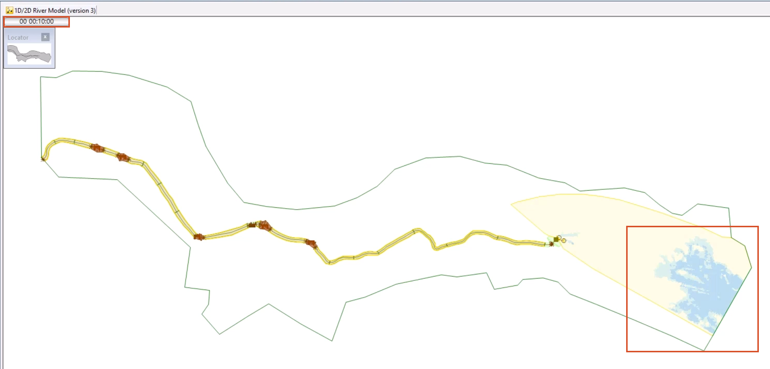 The simulation playing, with the 10:00 timestep highlighted in red, and flow starting immediately from the 2D boundary, also highlighted in red.