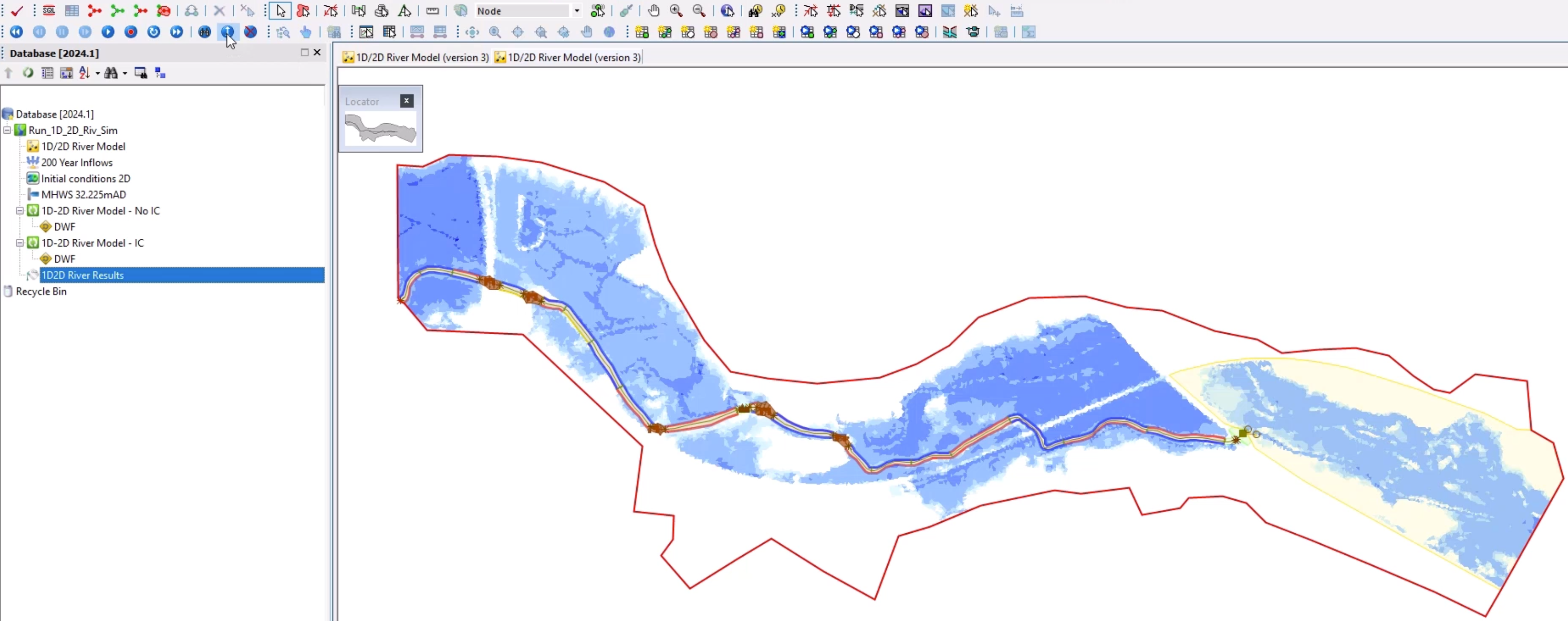 In the Replay Controls toolbar, Show Maxima is selected, and on the GeoPlan, maximum results for the simulation with the initial conditions object show that within the IC zone, there is water simulated on the surface of the downstream section.