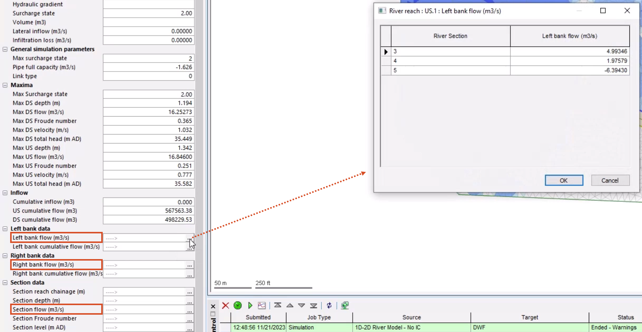 In the Results Properties window for the river reach, the Left bank flow, Right bank flow, and Section flow fields are highlighted in red, with an arrow connecting the selected More (…) button for Left bank flow and the resulting open data window.