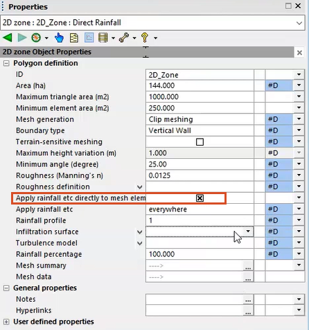 The 2D zone Properties window, with Apply rainfall etc directly to mesh elements enabled and highlighted in red.