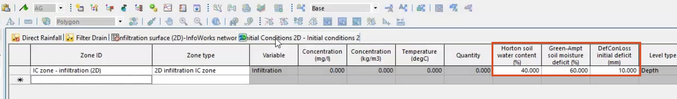 The settings for a 2D initial conditions zone, with the columns for entering initial soil water content, soil moisture deficit, and initial deficit highlighted in red.