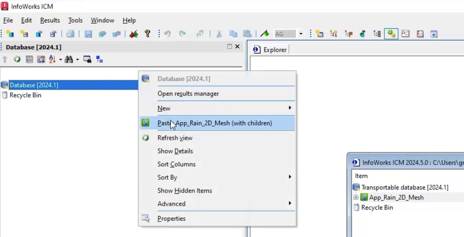 In the InfoWorks ICM interface, the transportable database window, with the file for this example highlighted; and in the Model Group, the Database shortcut menu, with Paste (with children) selected.