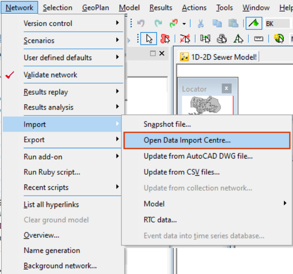 In the Network menu, Import selected, and in the flyout, Open Data Import Centre selected and highlighted in red.