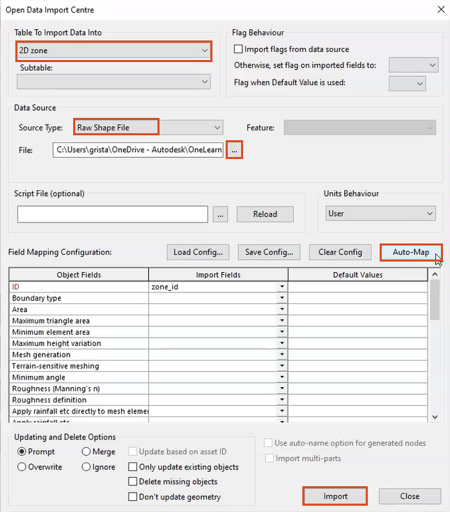 The Open Data Import Centre dialog box, with all settings configured for this example and highlighted in red.