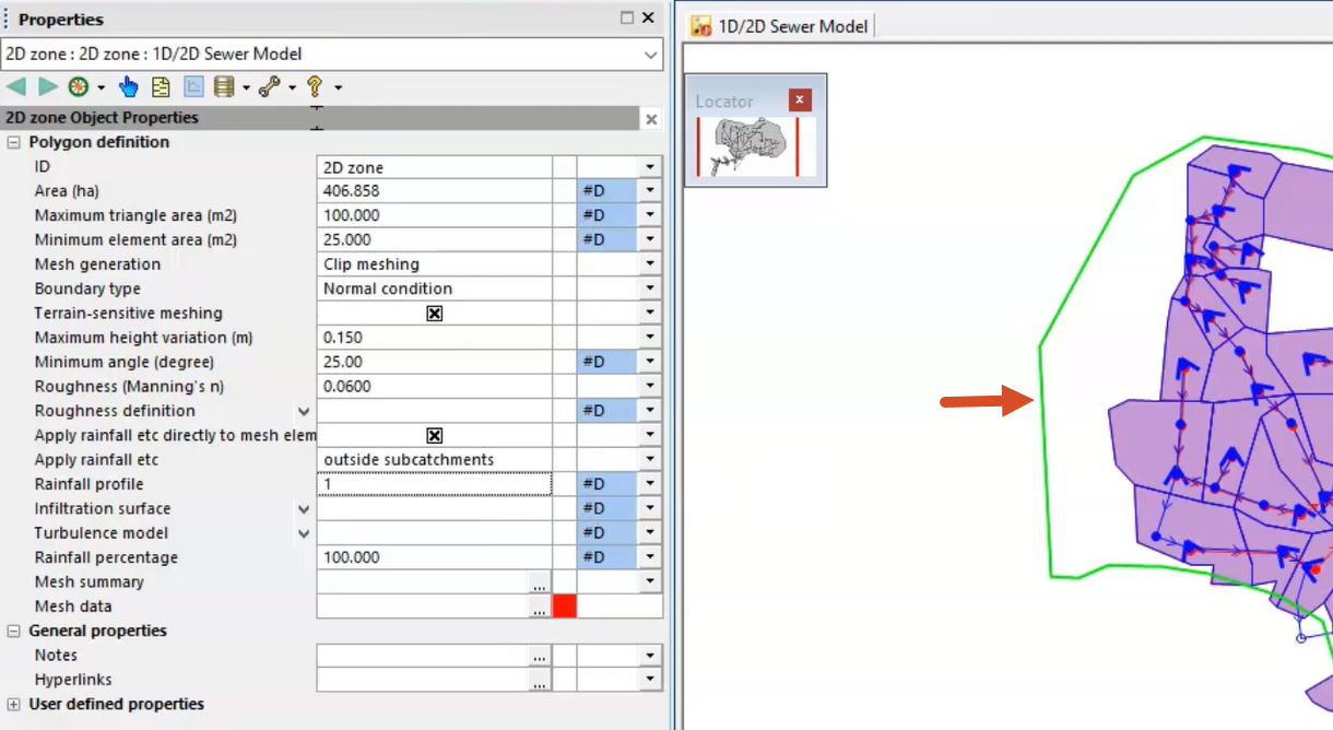 In the GeoPlan, the selected 2D zone called out with a red arrow, and in the Properties window, all settings configured for the 2D zone.