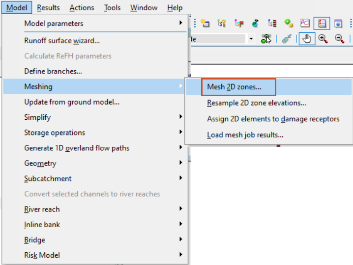 In the Model menu, Meshing selected, and in the flyout, Mesh 2D zones selected and highlighted in red.