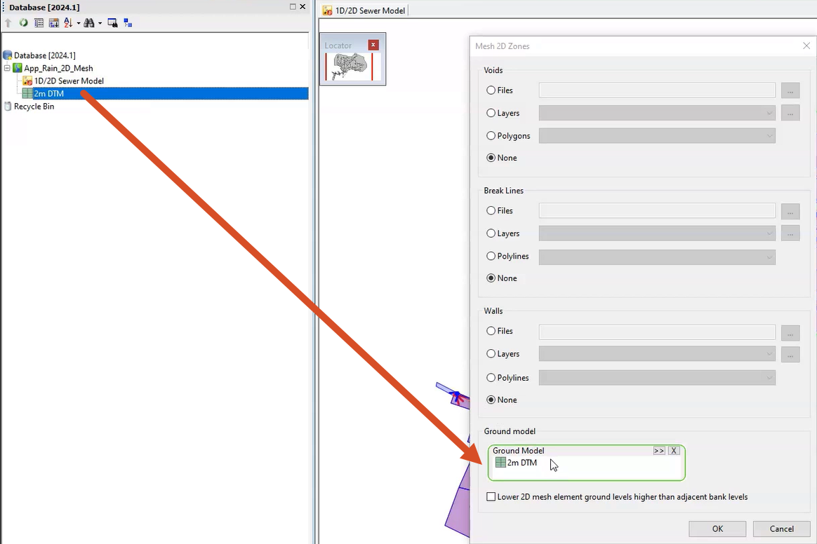 In the ICM interface, a red arrow showing the path of the 2D ground model from the Database to the Mesh 2D Zones dialog box, as it is dropped into the Ground Model group box.