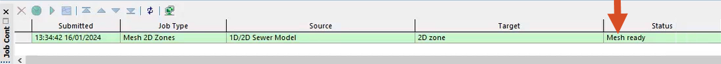 In the Job Control window, the completed mesh job appears green, and the Mesh ready status is called out with a red arrow.