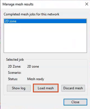 The Manage mesh results dialog box, with Load mesh highlighted in red.