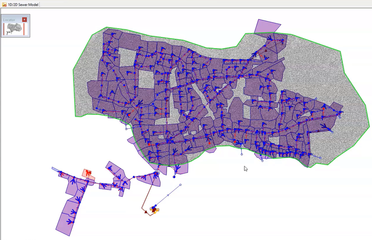 In the GeoPlan, the integrated sewer model for this example, with the generated mesh added to the 2D zone.