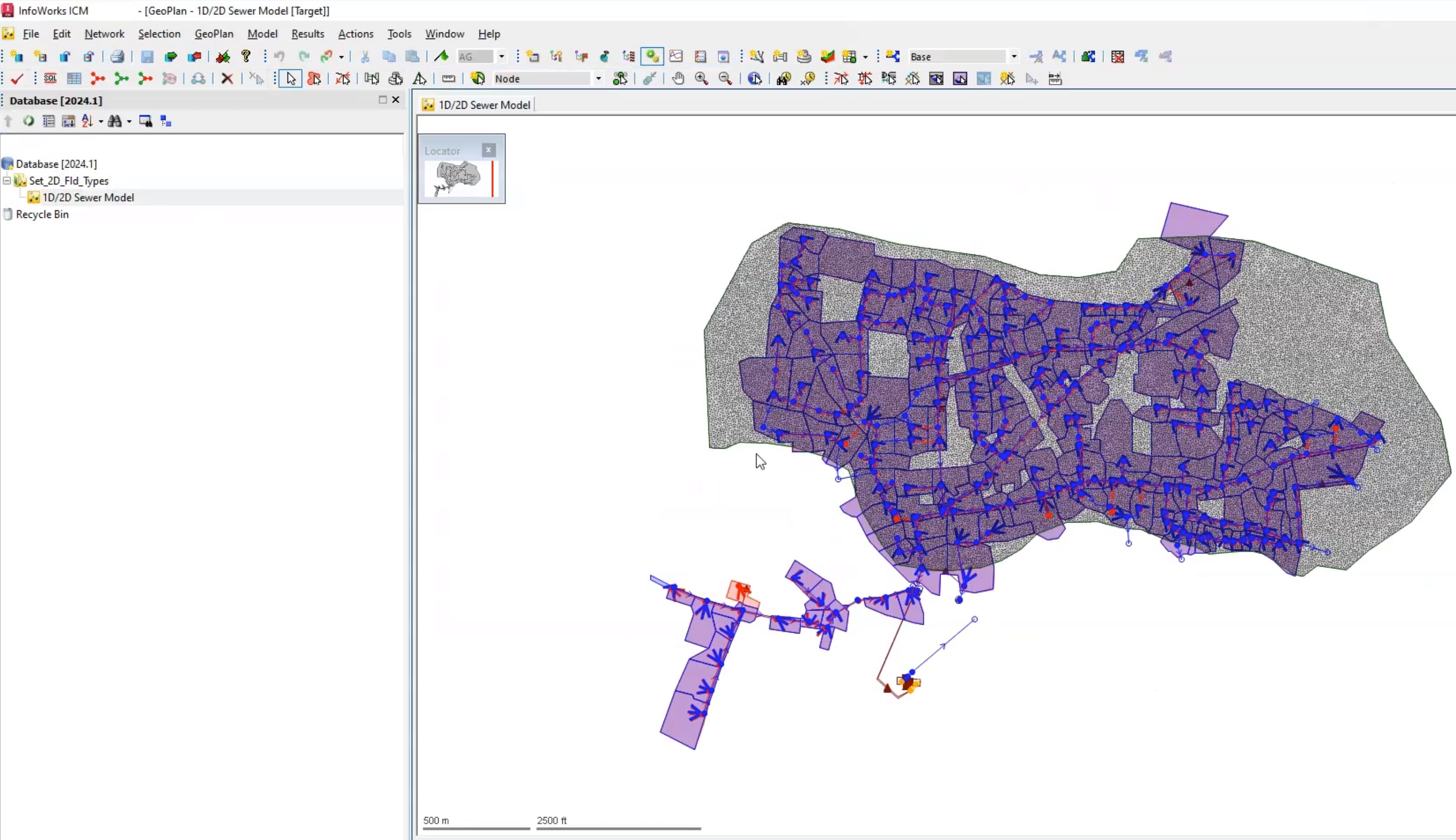 The InfoWorks ICM interface, with the model for this example copied to the Database and open on the GeoPlan.