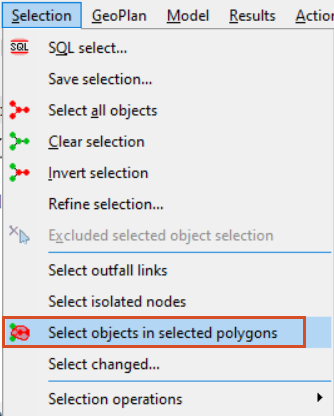 In the Selection menu, Select objects in selected polygons selected and highlighted in red.