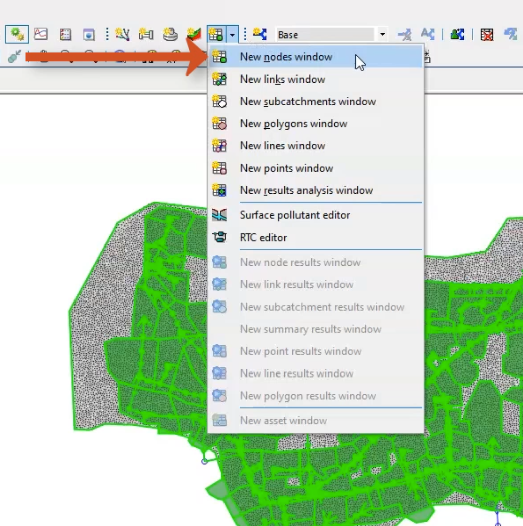 On the GeoPlan, everything within the 2D zone highlighted in green, and in the Windows toolbar, the Grid windows drop-down expanded, with New nodes window selected and called out.