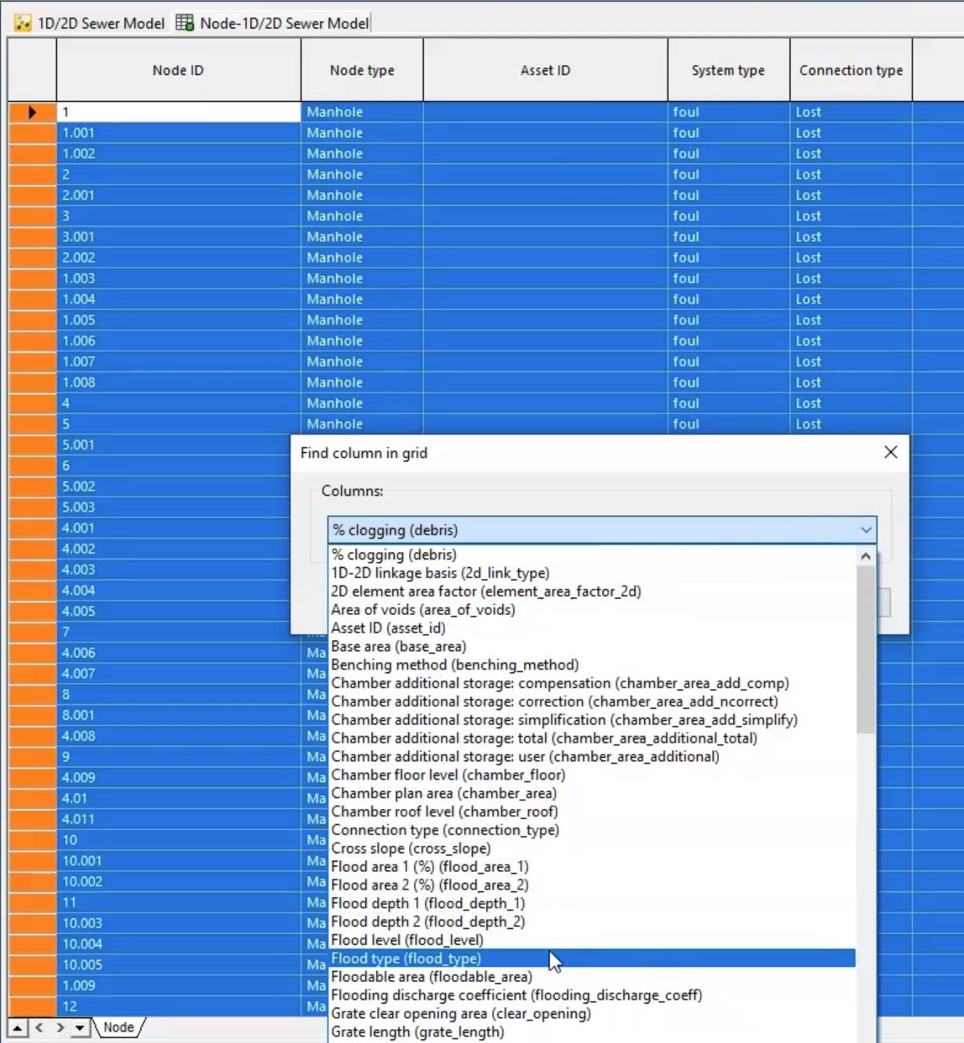 The nodes grid window, with all nodes in the 2D zone listed, and the Find column grid dialog box, with Flood type selected in the Columns drop-down.