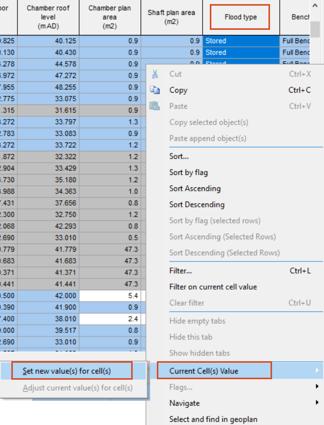 In the nodes grid window, Flood type column, all values of Stored selected, and in the shortcut menu, Current Cell(s) Value selected, with Set new value(s) for cell(s) selected in the flyout.