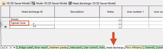 In the Grid window, the active Head discharge tab called out with a red arrow, and in the Head discharge ID column, the new Typical Cover entry created and highlighted in red.