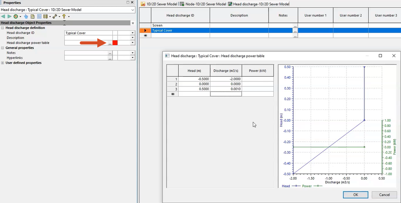 In the Properties window for Typical Cover, the More (…) button called out, and in the Head discharge window, values entered in the first three rows of the table for this example.