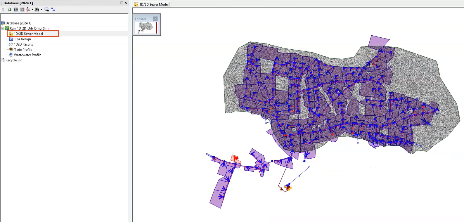 The InfoWorks ICM interface, with the model for this example copied to the Database and open on the GeoPlan.