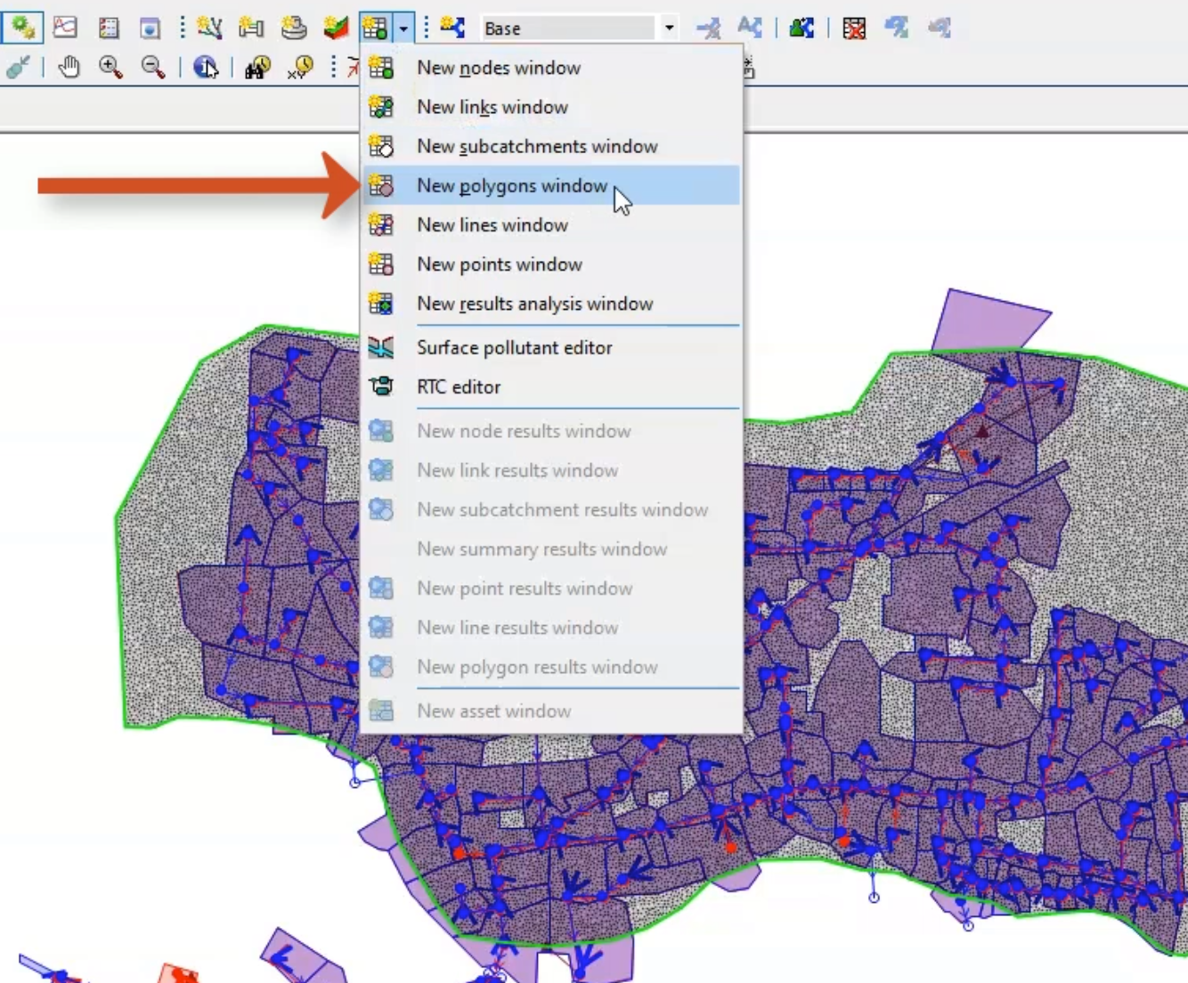 On the GeoPlan, the selected 2D zone outlined in green, and in the Windows toolbar, the Grid windows drop-down, with New polygons window selected and called out.