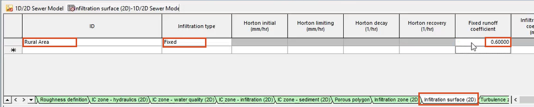 The polygons window, Infiltration surface (2D) tab, with settings for this example configured and highlighted in red.