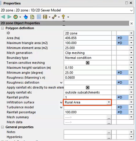 In the 2D zone Properties window, the Infiltration surface set to Rural Area, highlighted in red.