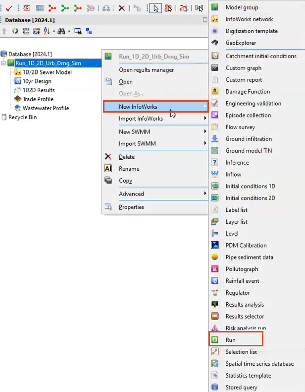 In the Database, the Model Group shortcut menu with New InfoWorks selected, and in the flyout, Run selected.