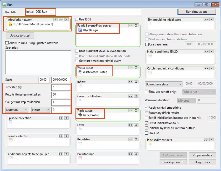 The Run window, with all settings for this example configured and highlighted in red.