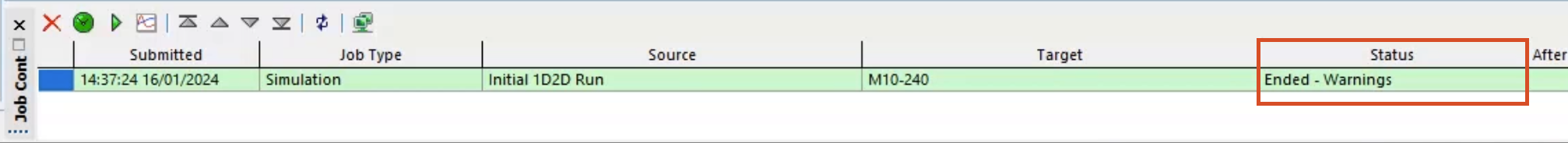 In the Job Control window, the green completed simulation, with a Status of “Ended – Warnings” highlighted in red.